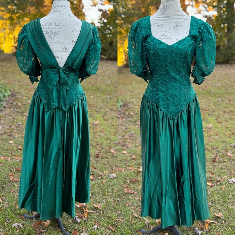 Vintage 80s 90s Alfred Angelo Green Satin Drop Waist Lace Bow Dress Size 11/12